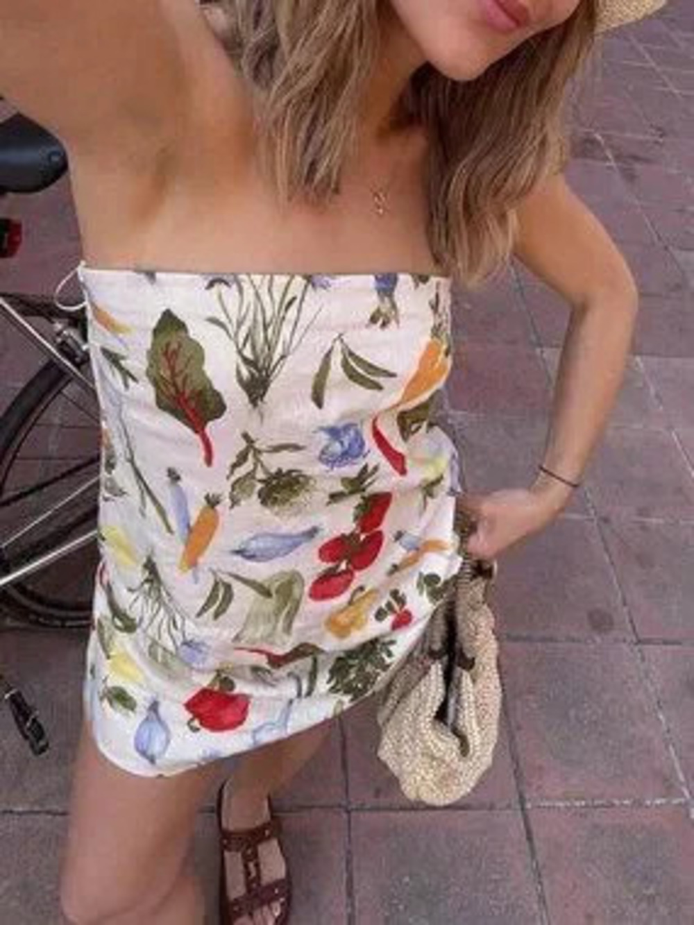 Apricot Women's Casual Short Strapless Mini Dress with Fruit & Vegetable Print